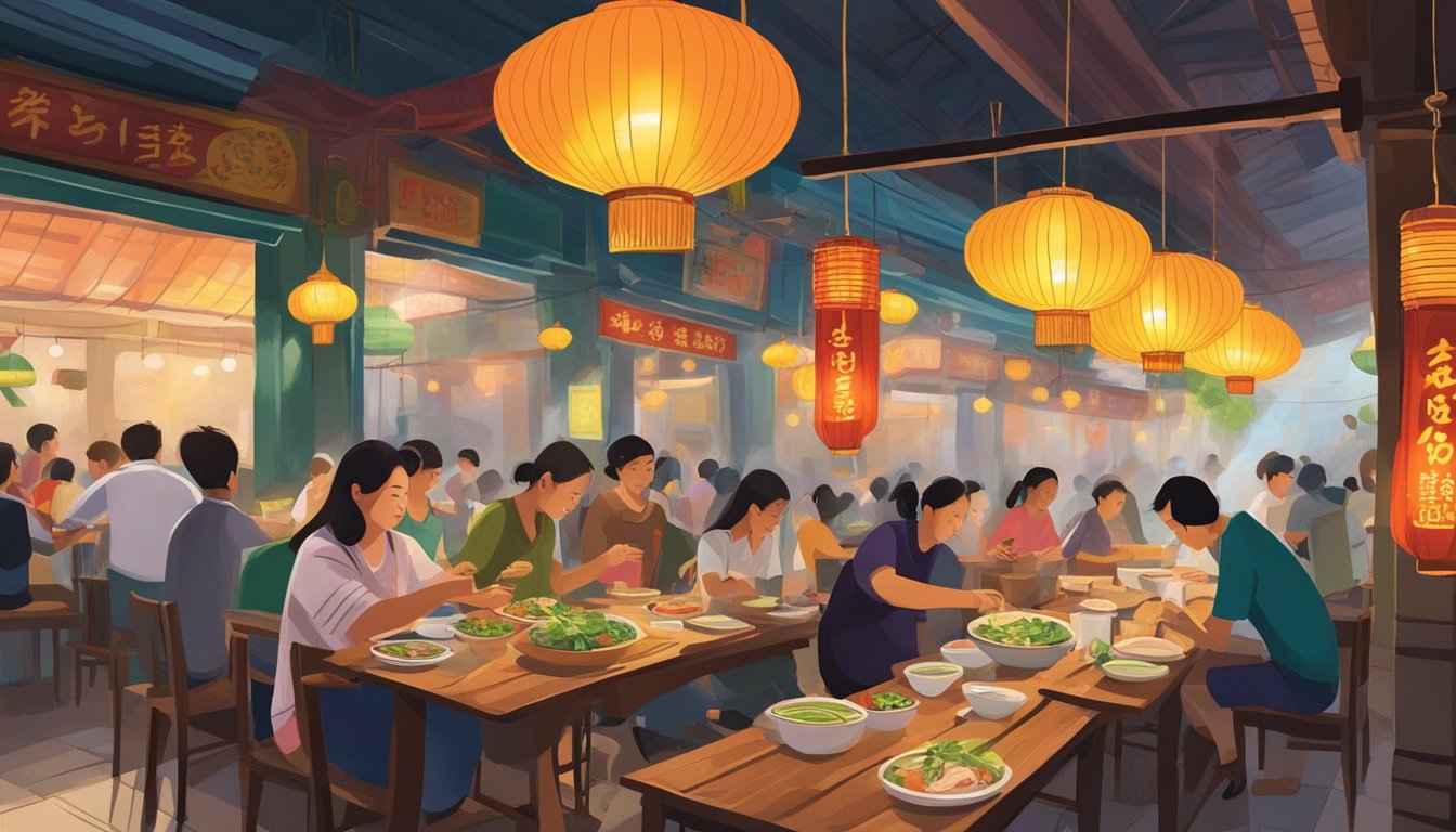 A bustling Hanoi restaurant with steaming bowls of pho, sizzling banh xeo, and colorful lanterns hanging from the ceiling. Tables are filled with locals and tourists enjoying the vibrant atmosphere