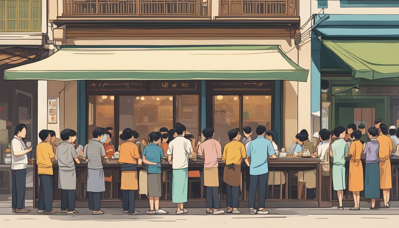 Customers line up outside a bustling Hanoi restaurant, eagerly waiting to be seated. The aroma of sizzling meats and fragrant herbs fills the air as servers bustle between tables, attending to the hungry diners