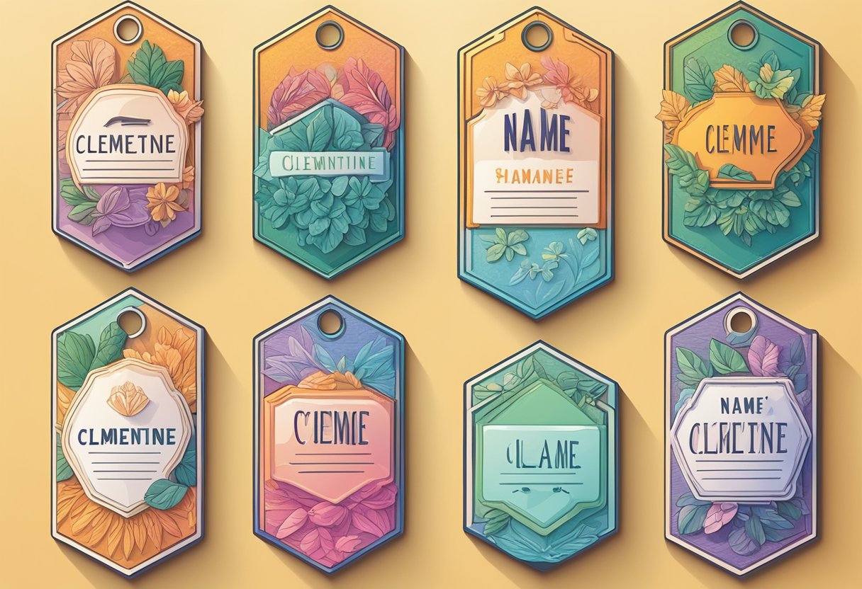 A colorful array of name tags with the name "Clementine" in various fonts and styles, representing different gender usage