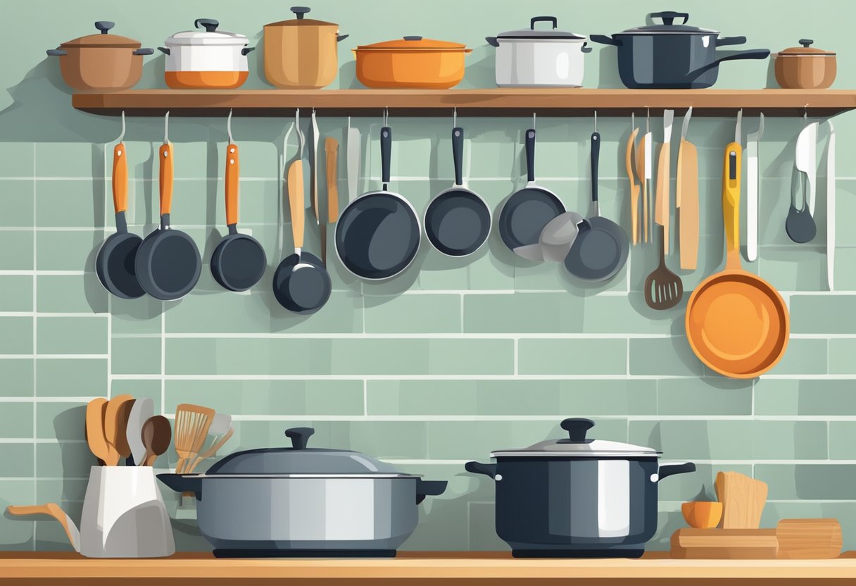 A kitchen scene with various essential cookware items such as pots, pans, knives, cutting boards, and utensils neatly organized on a countertop or hanging from a rack