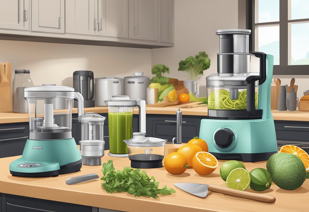 Various kitchen gadgets neatly arranged on a countertop, including a food processor, vegetable spiralizer, and citrus juicer. Ingredients and cutting boards nearby