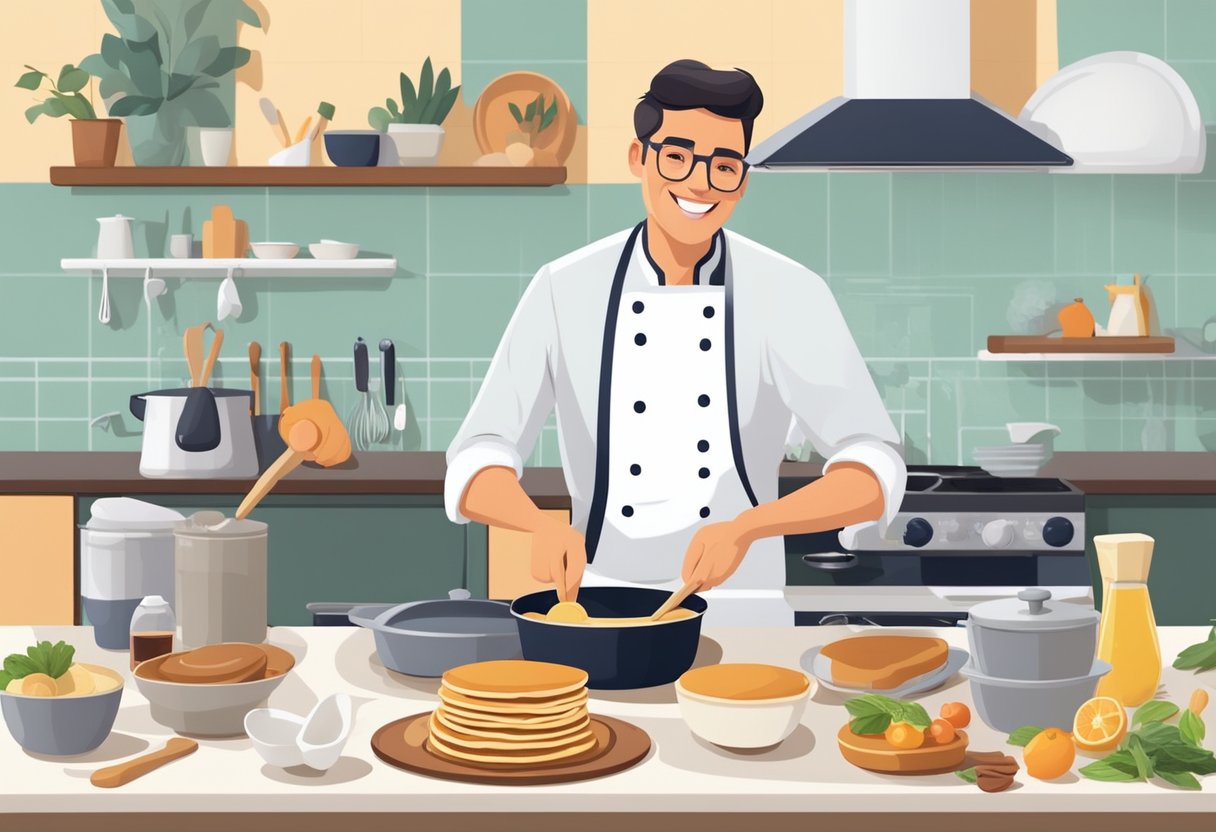 A smiling chef effortlessly flips a simple pancake in a non-stick pan, surrounded by neatly arranged ingredients and utensils on a clean kitchen counter