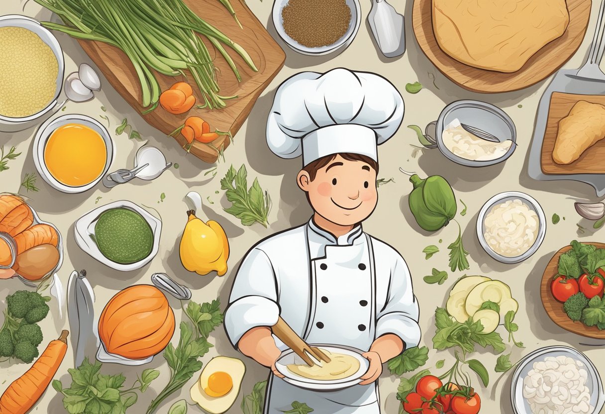 A beginner chef confidently selects simple recipes from a cookbook, surrounded by a variety of fresh ingredients and kitchen utensils