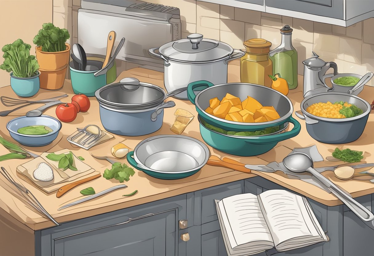 A cluttered kitchen with simple ingredients, a recipe book, and cooking utensils laid out. A beginner chef confidently follows the instructions, overcoming common obstacles with ease