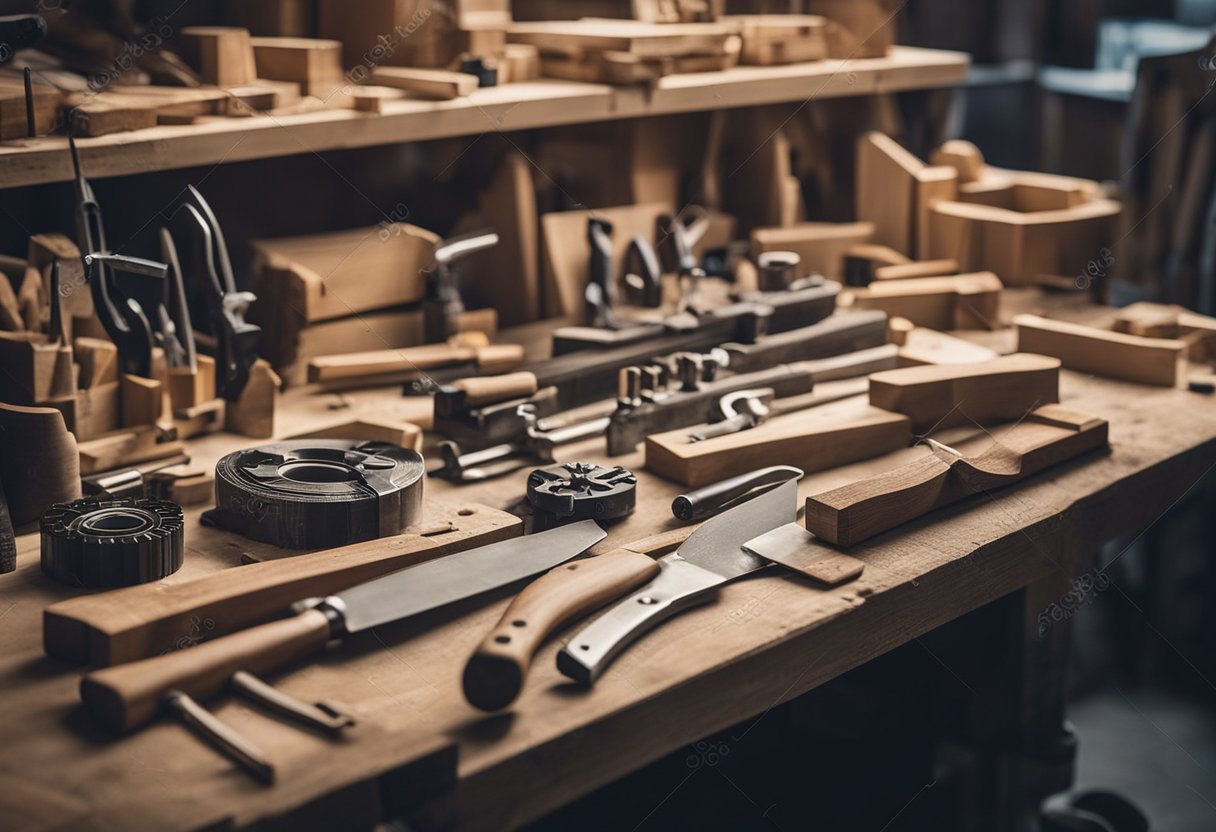 A carpenter's workbench with various tools and wood materials neatly organized in a workshop setting