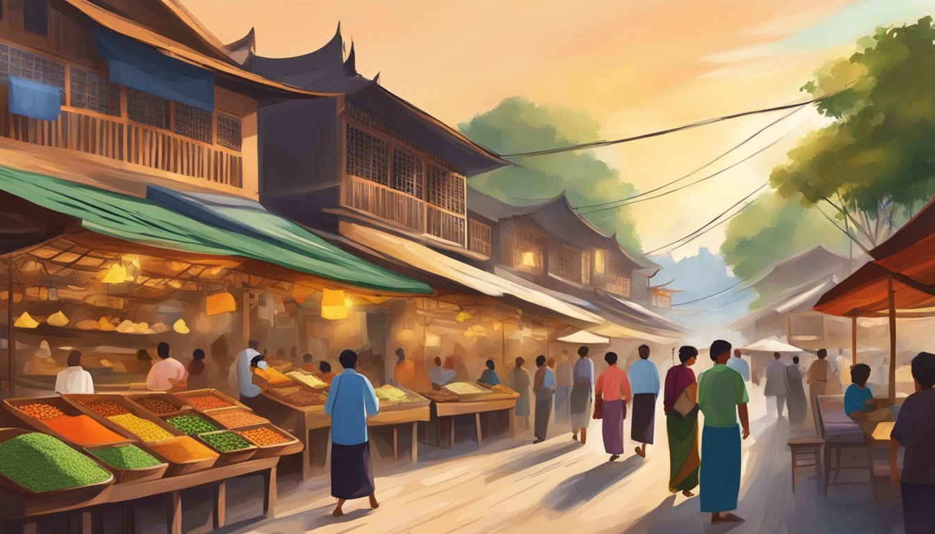 A bustling market street, with colorful stalls and the aroma of exotic spices, leads to the entrance of Inle Myanmar Restaurant