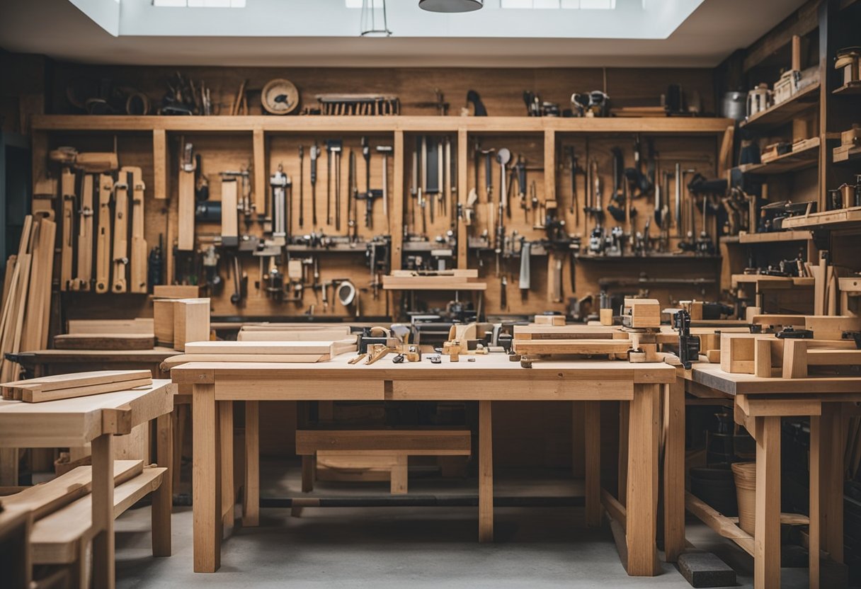 A carpentry workshop in Singapore, filled with precision tools and expertly crafted wooden furniture, showcasing the skill and reliability of the best carpenters in the city