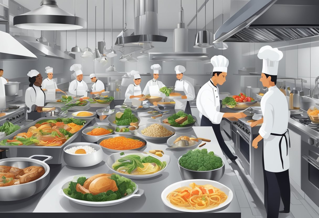 A bustling kitchen with chefs preparing diverse dishes, surrounded by an array of ingredients, utensils, and cooking equipment