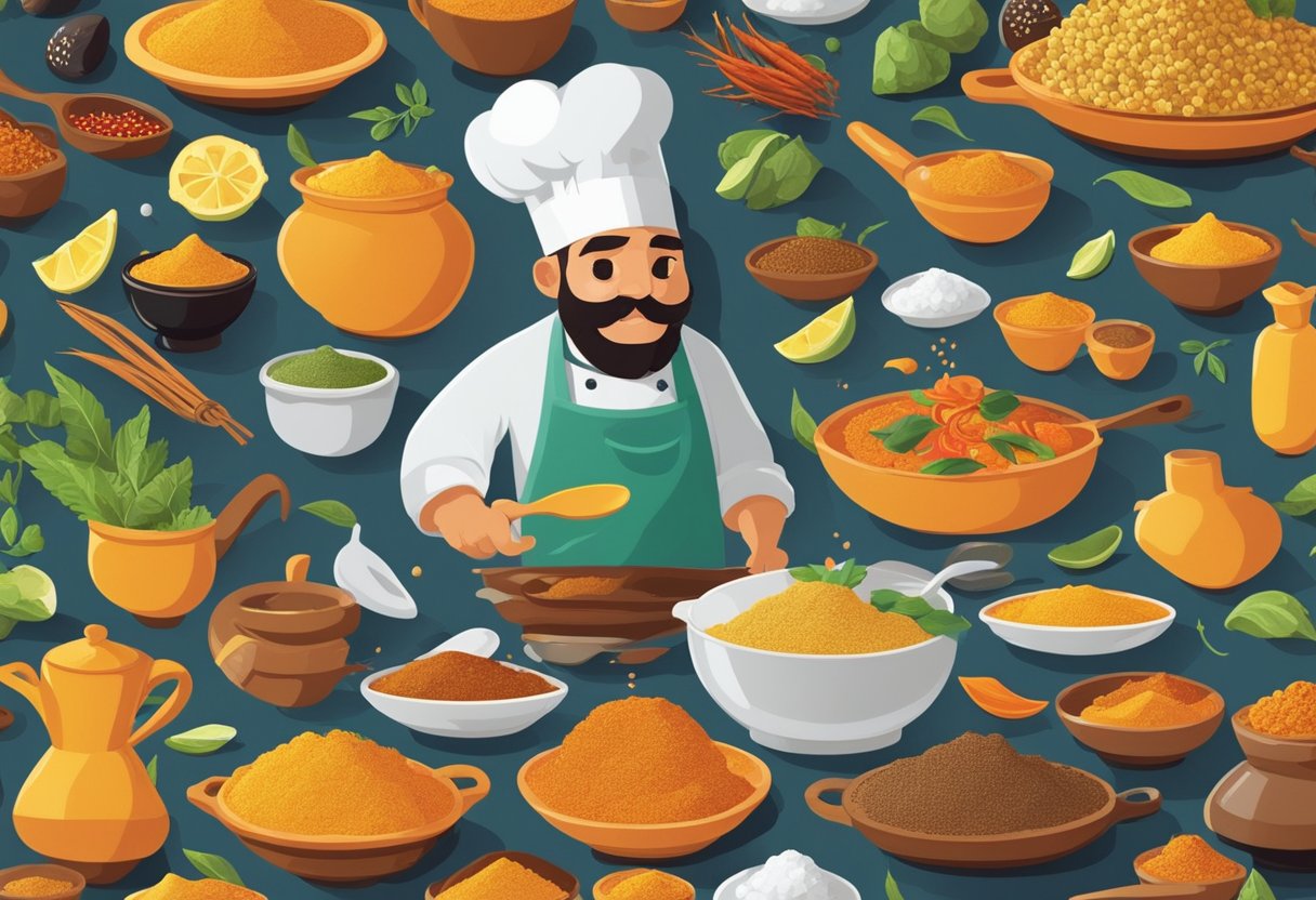 A kitchen filled with exotic spices, colorful ingredients, and bubbling pots. A chef confidently navigates the chaos, turning cooking challenges into delicious culinary creations