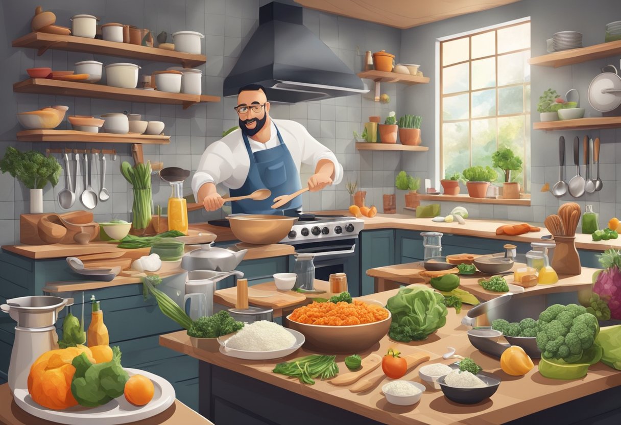 A bustling kitchen with various ingredients and utensils scattered about, as a chef enthusiastically takes on cooking challenges, turning them into foodie adventures