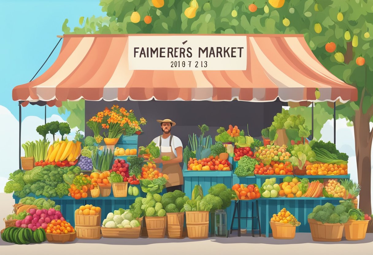 A vibrant farmers' market with colorful fruits and vegetables, blooming flowers, and a bright blue sky