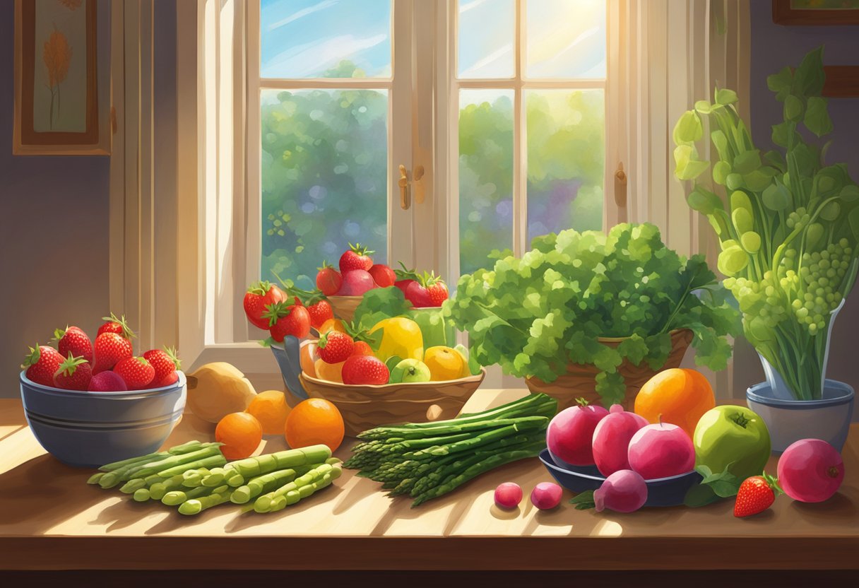 A colorful array of spring fruits and vegetables, including strawberries, asparagus, peas, and radishes, arranged on a wooden table. Sunlight streams in through a nearby window, casting a warm glow over the vibrant produce