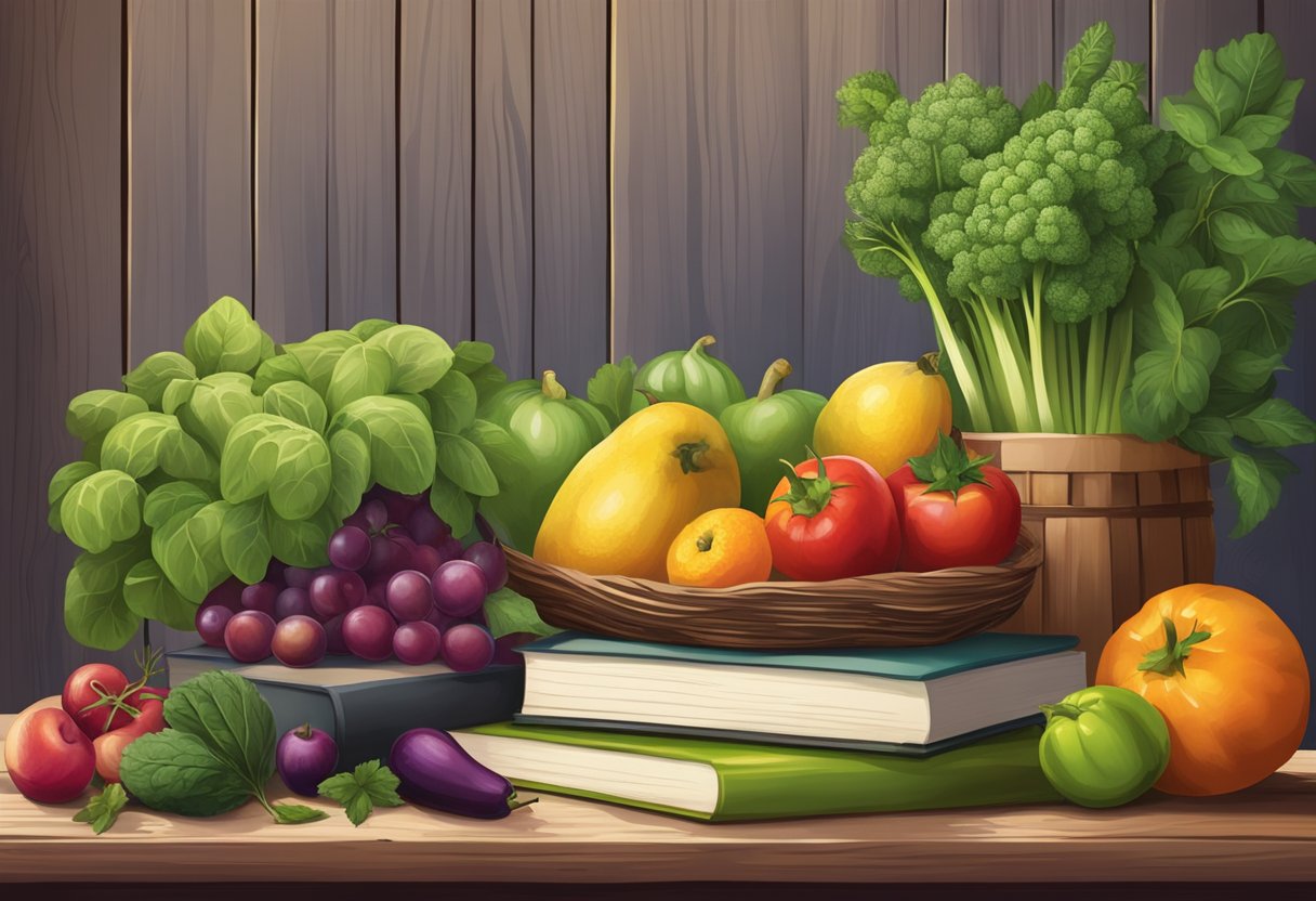 A vibrant array of seasonal fruits and vegetables arranged on a rustic wooden table, with a basket of freshly picked herbs and a stack of recipe books in the background