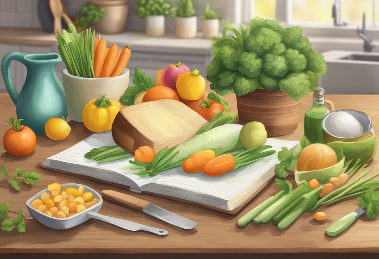 Vibrant spring produce arranged on a wooden cutting board, surrounded by various kitchen utensils and a recipe book open to a page titled "Fresh and Delicious Recipes for Spring."