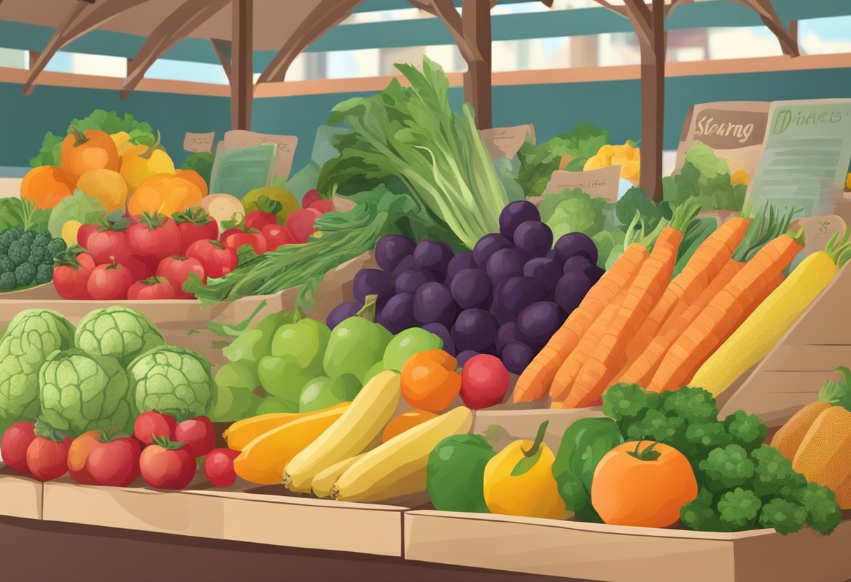 A colorful display of fresh produce at a farmers market, with vibrant fruits and vegetables in season for spring. A shopping list and recipe book are nearby