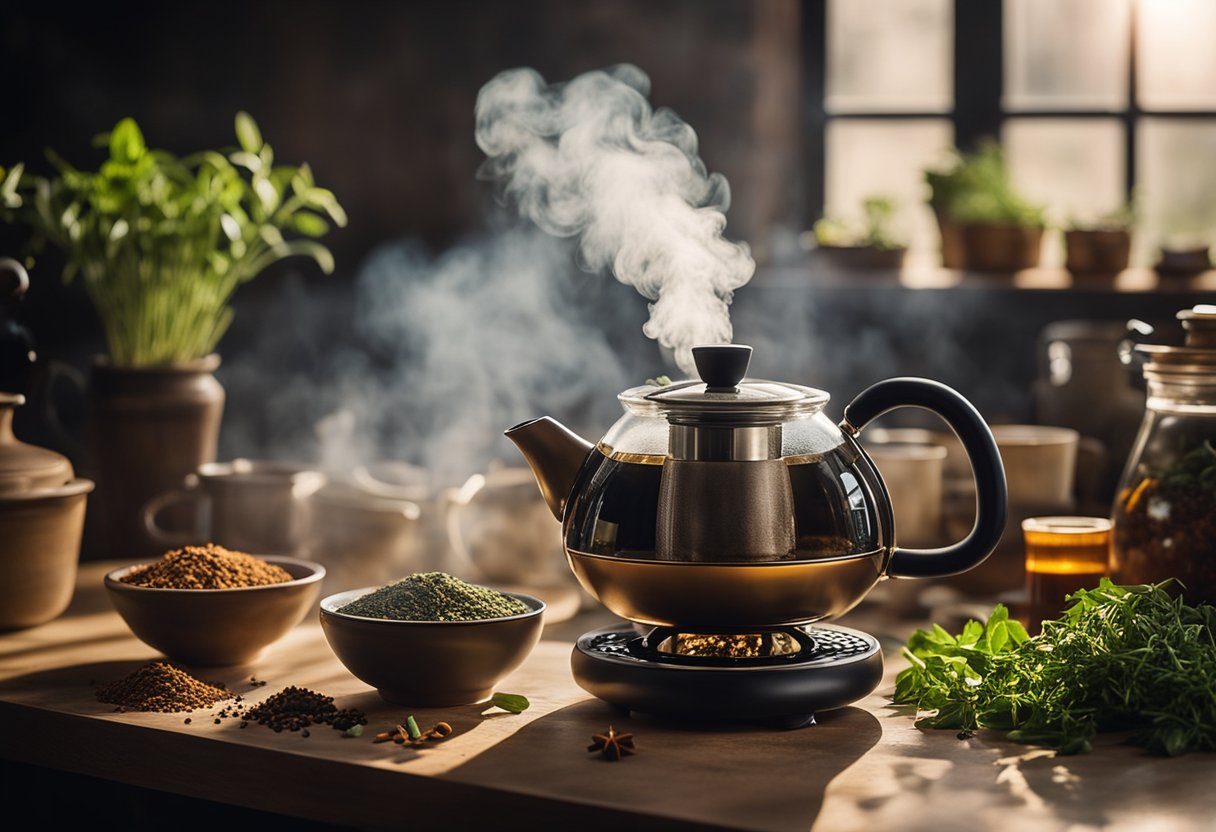 A steaming teapot sits on a glowing stove, surrounded by various herbs and spices. The air is filled with the aroma of energizing tea blends being carefully brewed