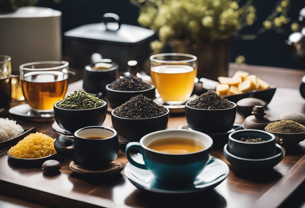 A table set with various tea blends and lifestyle items for an energetic scene