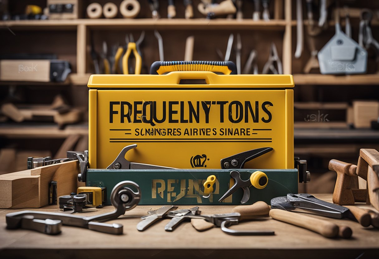 A carpenter's toolbox with various tools neatly arranged on a workbench, with a sign reading "Frequently Asked Questions reliable carpenters singapore" in the background
