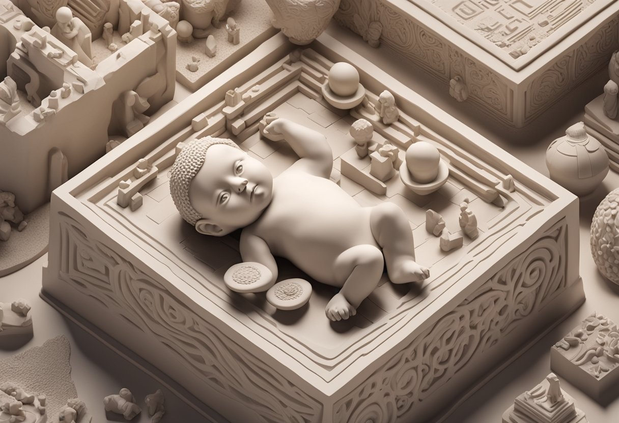 A clay sculpture of a baby name surrounded by cultural and media references