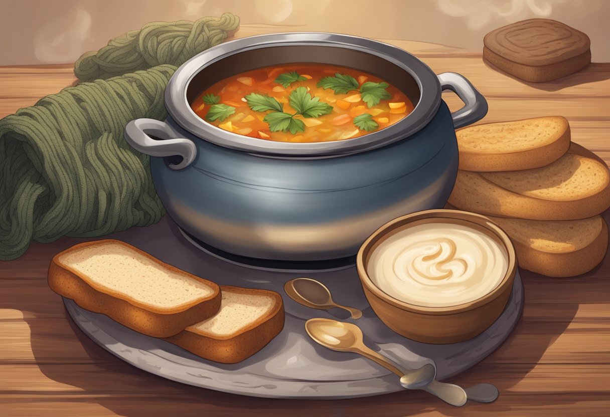 A steaming pot of hearty soup sits atop a cozy, knitted placemat, surrounded by rustic bread and a warm, flickering candle