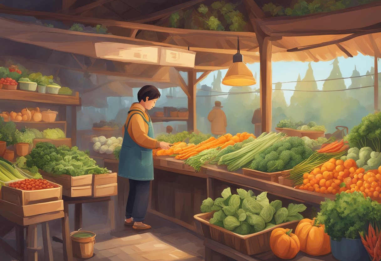 A person is choosing vegetables and herbs from a market stall, with a steaming pot of soup in the background. The scene is cozy and inviting, with warm colors and a sense of comfort