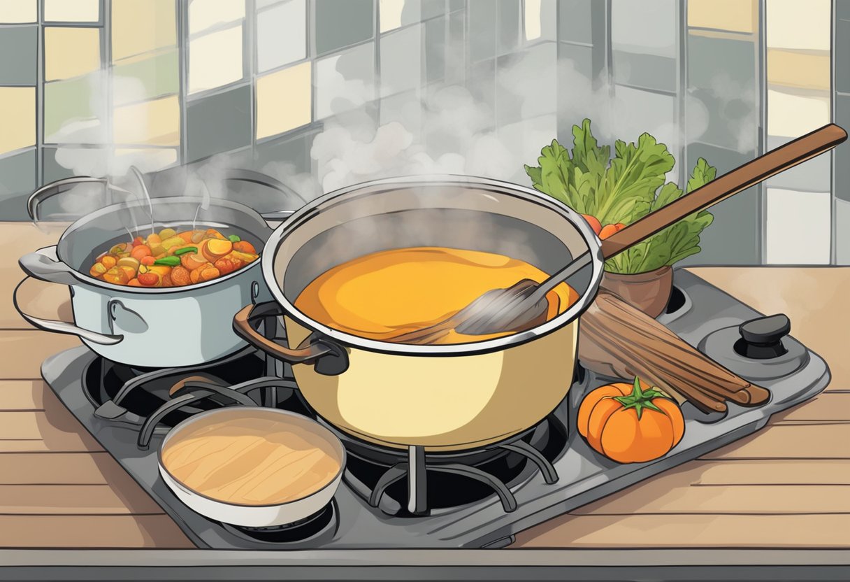 A pot simmers on a stove, steam rising as ingredients are added. A ladle stirs the bubbling liquid, creating a comforting aroma. Ingredients like vegetables, meats, and spices are laid out nearby, ready to be incorporated into the hearty