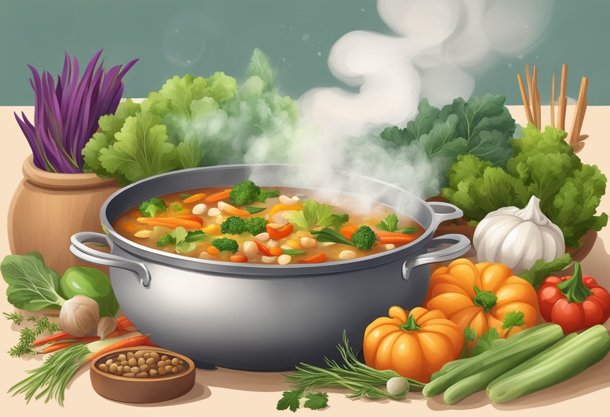 A steaming pot of hearty soup surrounded by colorful vegetables, herbs, and spices, with a cozy kitchen backdrop