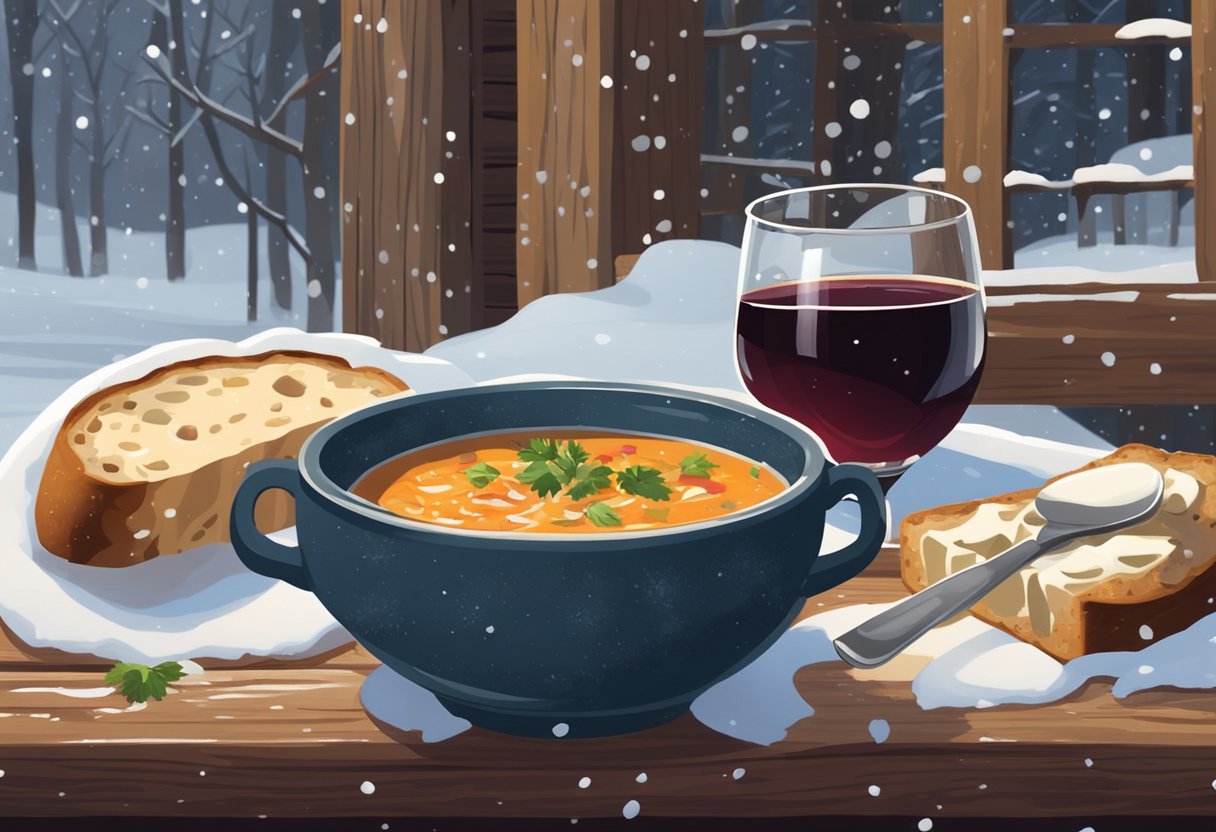 A steaming bowl of hearty soup sits on a rustic table, surrounded by crusty bread, a chunk of cheese, and a glass of red wine. Outside, snow falls gently, creating a cozy and inviting atmosphere