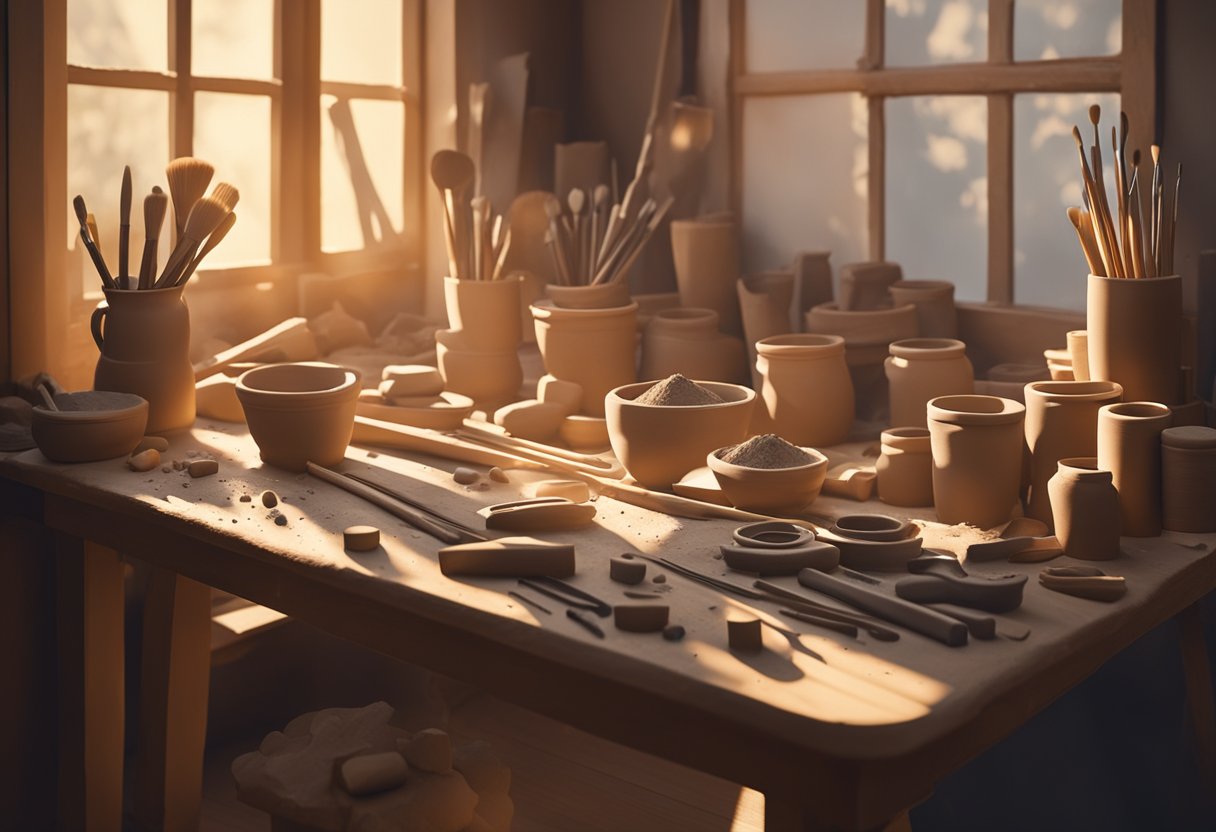 A pile of clay sits on a wooden table, surrounded by sculpting tools and brushes. Sunlight streams through a nearby window, casting soft shadows on the textured surface of the clay