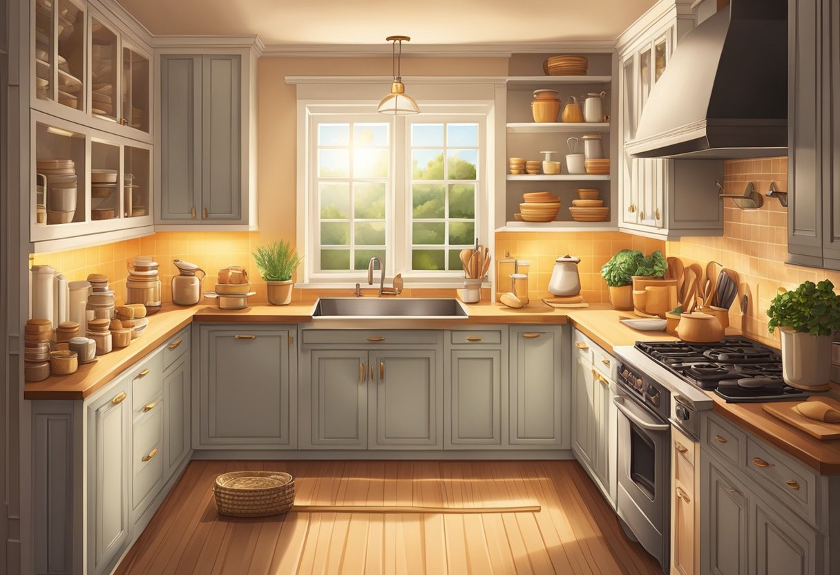 A kitchen filled with a variety of baking ingredients, utensils, and appliances. A warm glow from the oven illuminates the space, creating a cozy and inviting atmosphere for baking