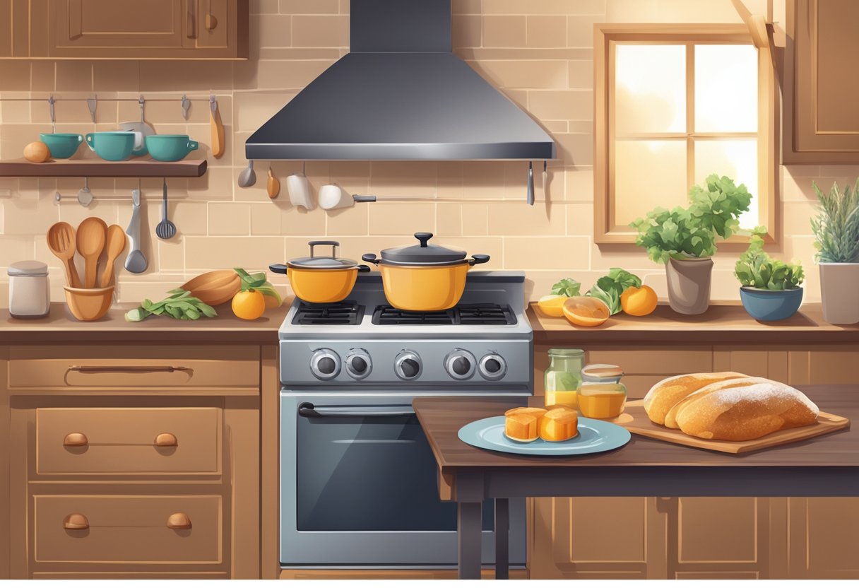 A cozy kitchen with a warm glow from the oven, a timer ticking away, and a table set with ingredients and recipe books