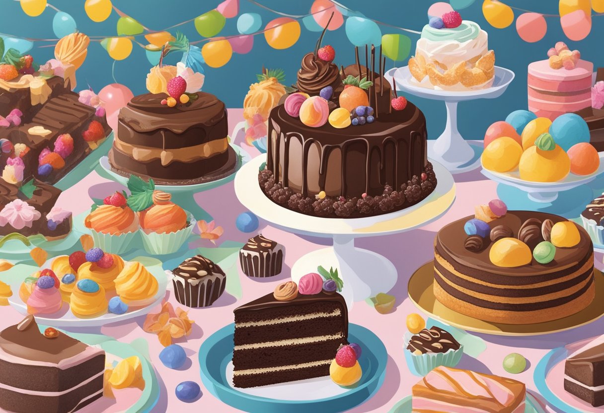 A person reaching for a decadent chocolate cake on a dessert table filled with an assortment of pastries and sweets. The table is adorned with colorful decorations and surrounded by happy guests