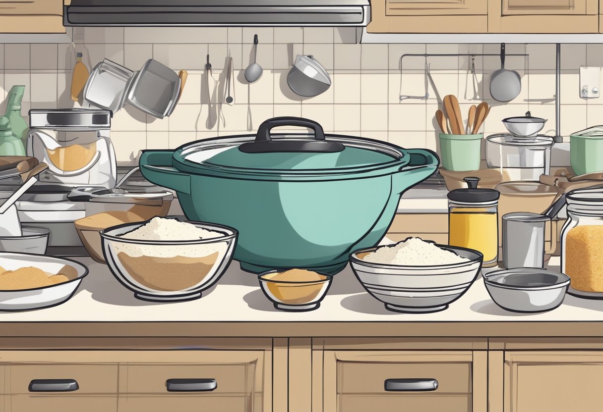 A cluttered kitchen counter with mixing bowls, measuring cups, and various baking ingredients. A cookbook titled "Baking Essentials and Techniques When to Bake: Irresistible Desserts for Every Occasion" is open to a recipe page