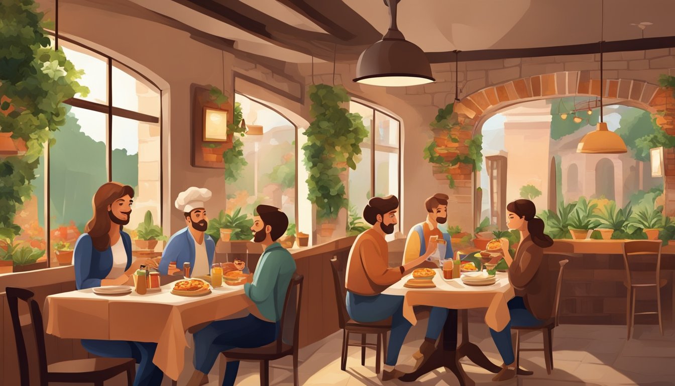 Customers enjoying authentic Italian cuisine in a cozy restaurant adorned with rustic decor and the aroma of freshly baked pizza and simmering sauces