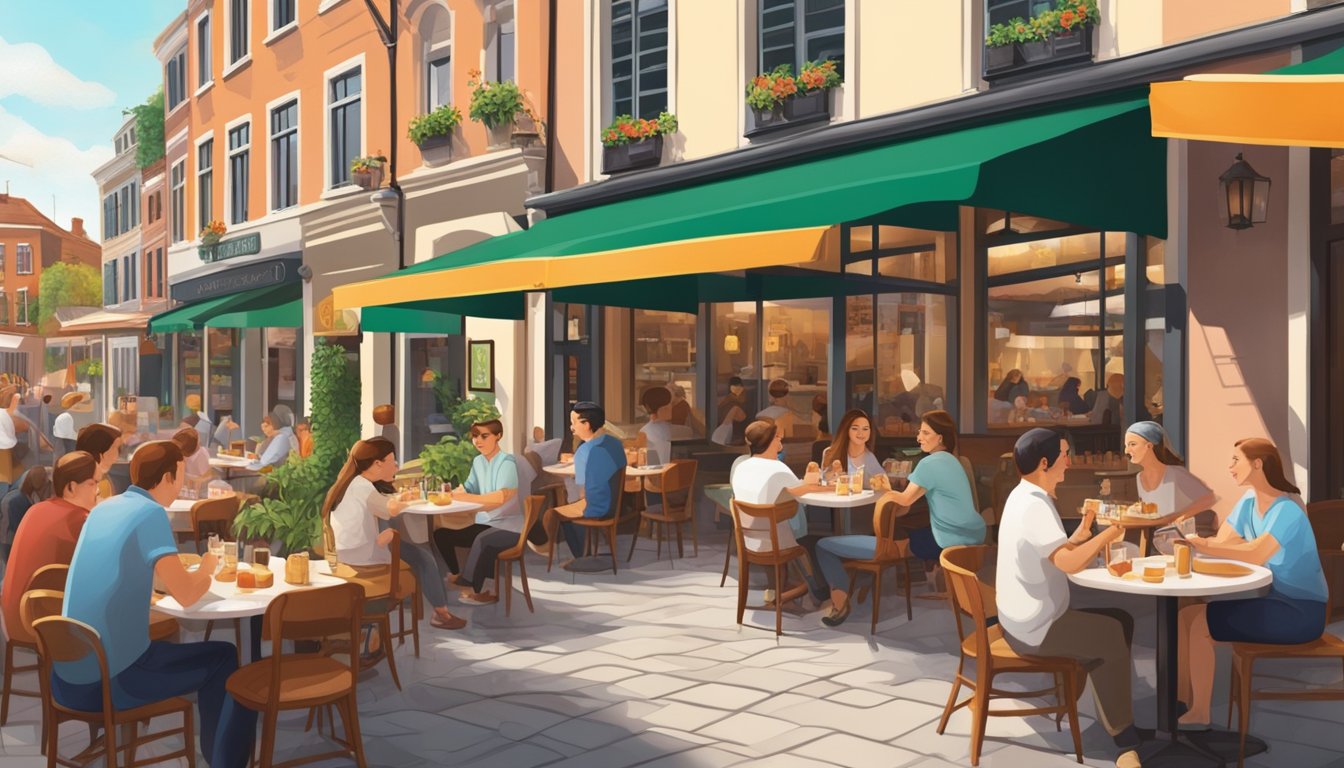 A bustling Italian eatery in Holland Village, with outdoor seating and a lively atmosphere. The aroma of freshly baked pizza and the clinking of glasses fill the air