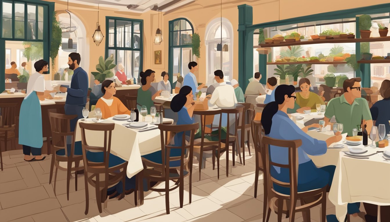 A bustling Italian restaurant in Holland Village, with diners enjoying their meals, waiters serving food, and a cozy, welcoming atmosphere