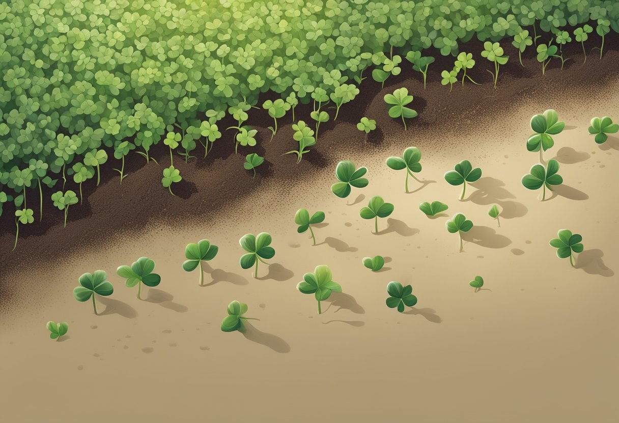 A small, green clover sprouts from the rich soil, its delicate leaves reaching towards the sunlight, symbolizing new life and growth