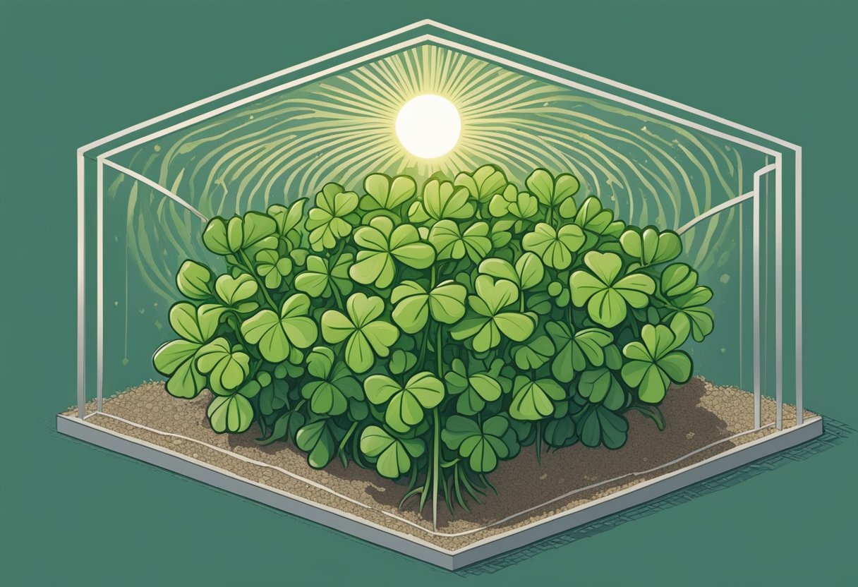 A clover plant grows from the earth, its three heart-shaped leaves reaching towards the sun, symbolizing luck and prosperity