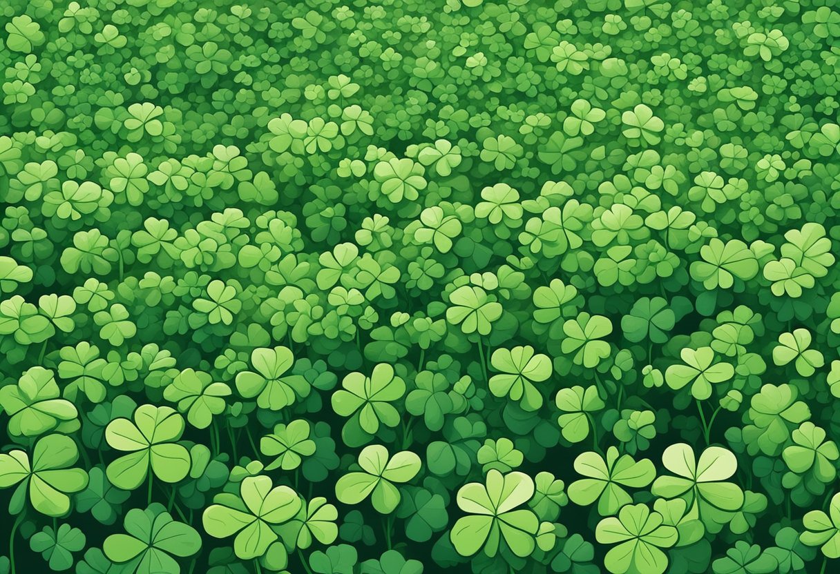 A field of vibrant green clovers with a single four-leaf clover standing out among the rest, symbolizing the growing popularity and trend of the name "Clover."