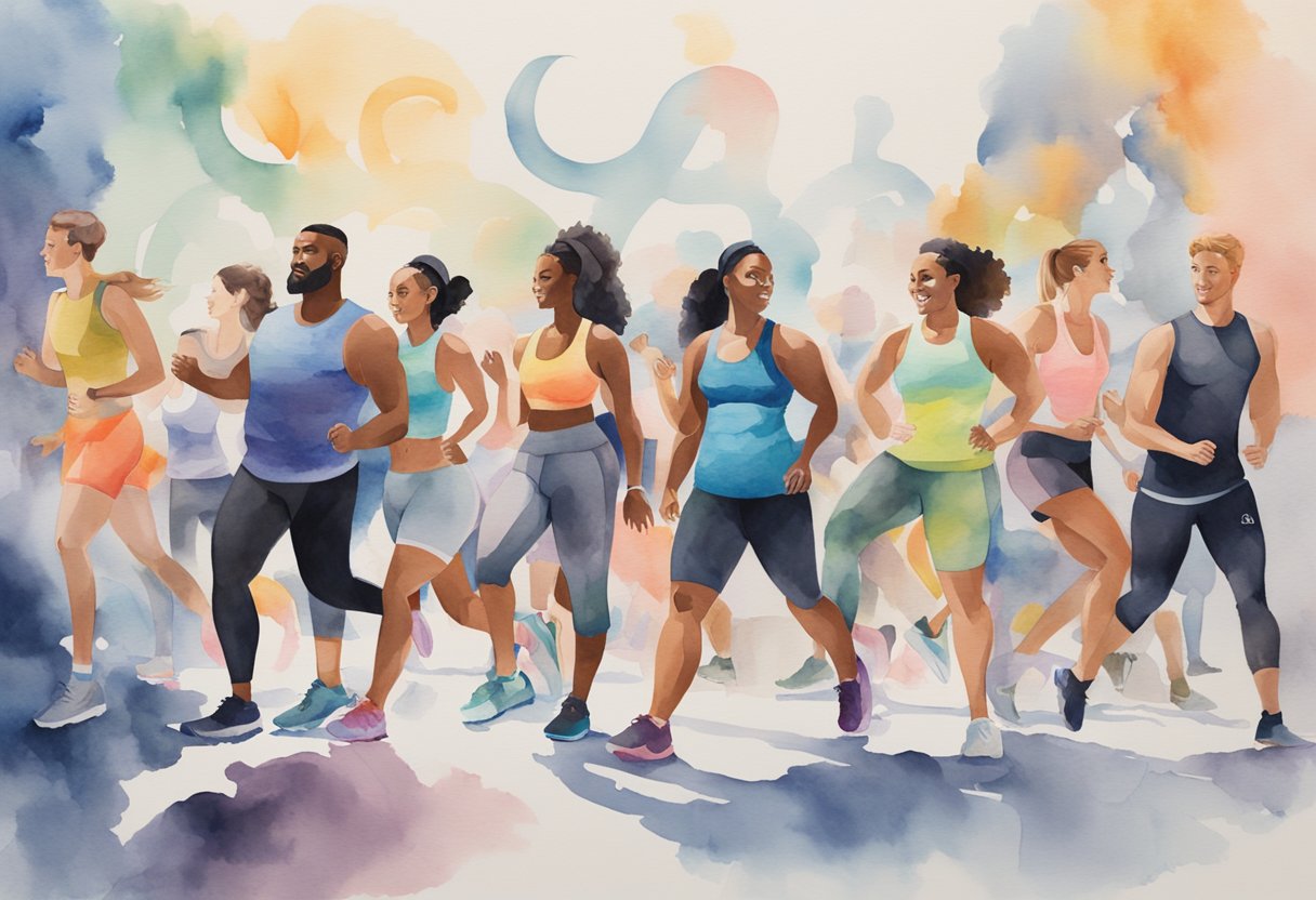 A group of diverse individuals wearing athletic clothing engage in various fitness activities, surrounded by the iconic lululemon logo and branding