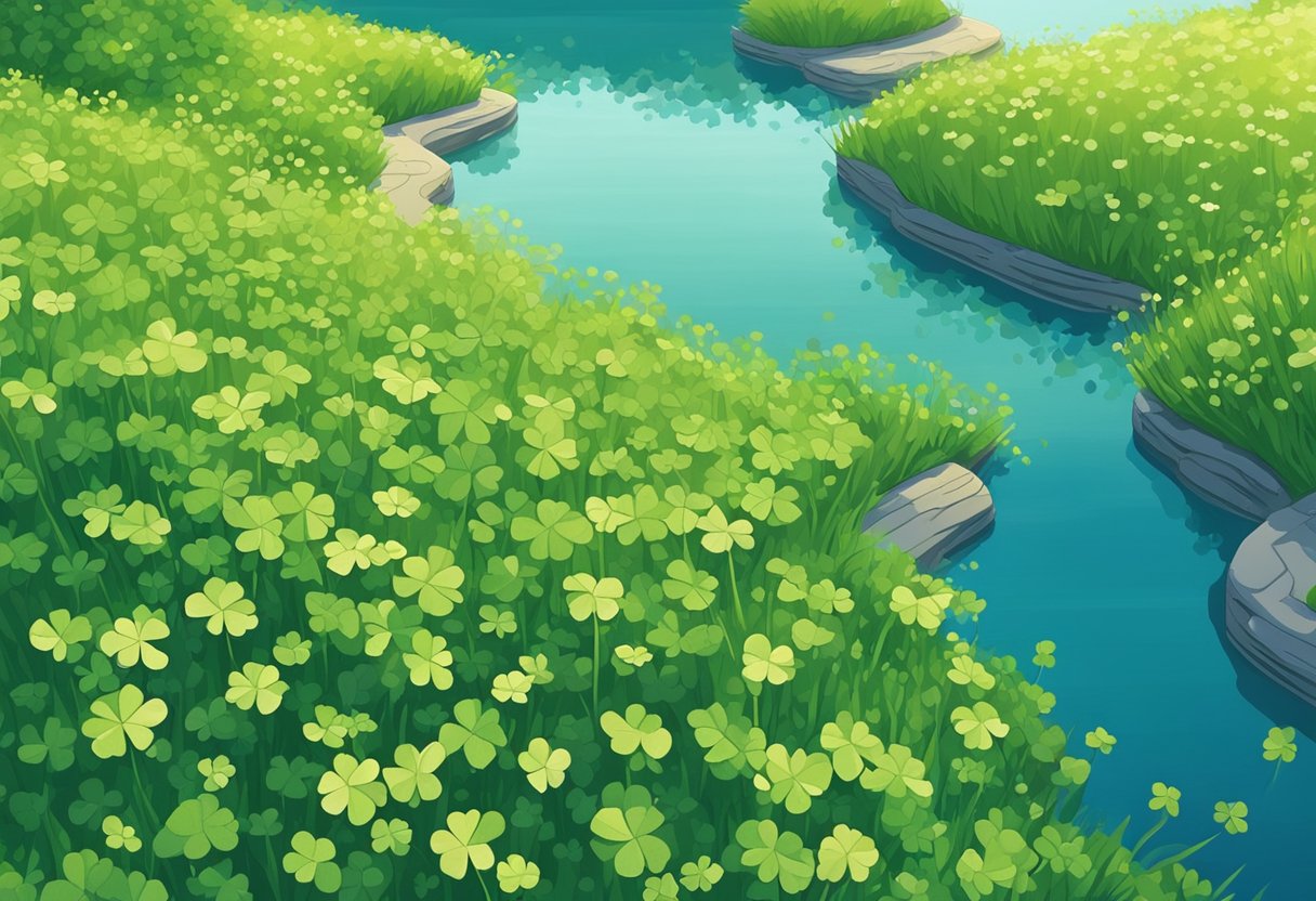 A serene meadow with vibrant green clover patches under a clear blue sky, with a gentle breeze rustling the leaves