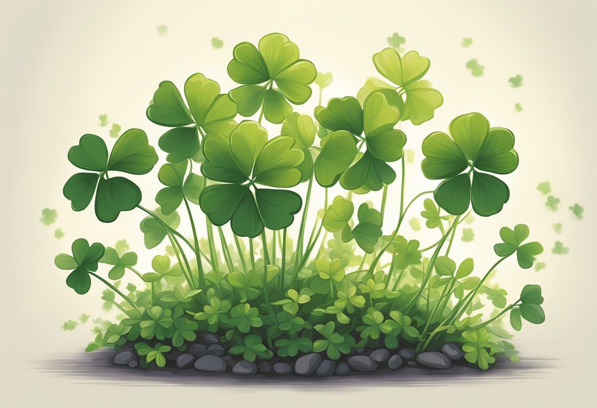 A small, vibrant clover plant growing in a patch of sunlight, symbolizing luck and prosperity