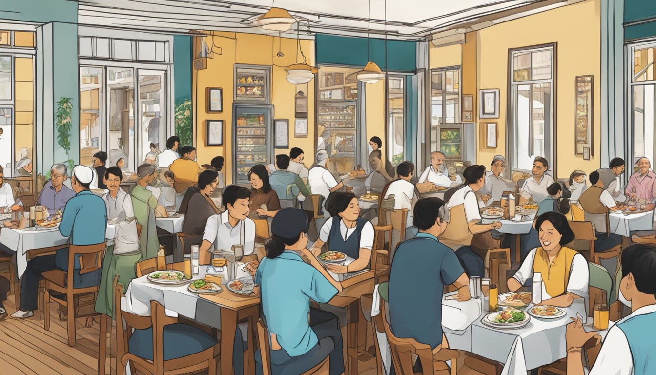 A bustling Jewish restaurant in Singapore with tables filled with people enjoying traditional dishes and lively conversations