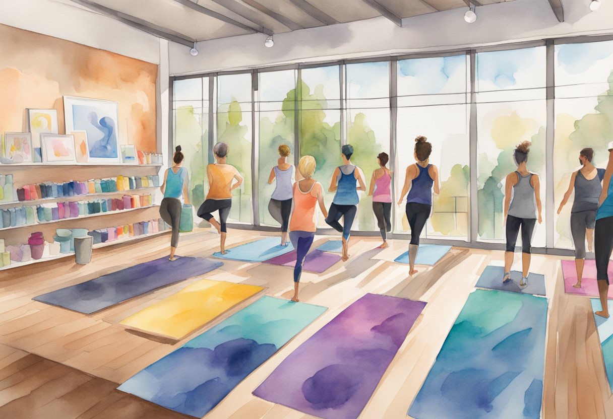 A vibrant yoga studio with a prominent lululemon logo displayed. Customers wearing the latest athletic wear browse through racks of merchandise