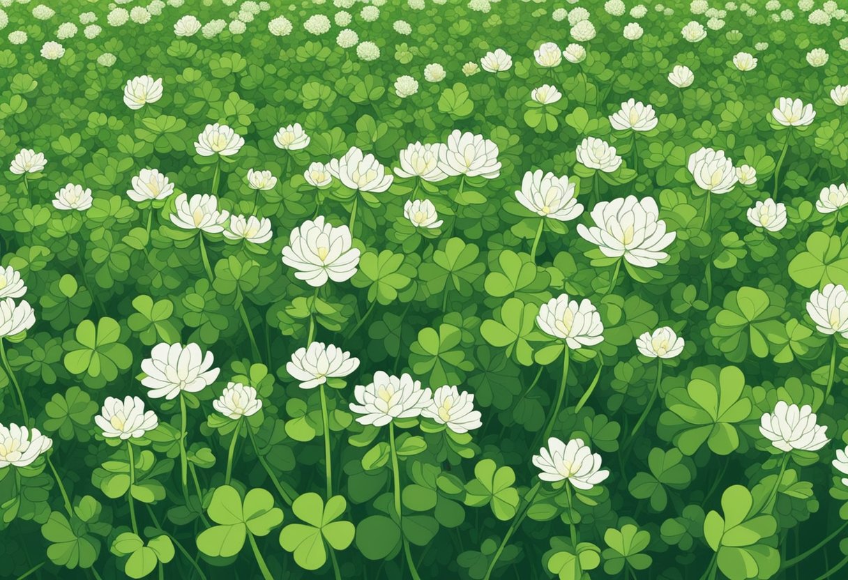 A field of vibrant green clover, with delicate leaves and small white flowers, swaying gently in the breeze