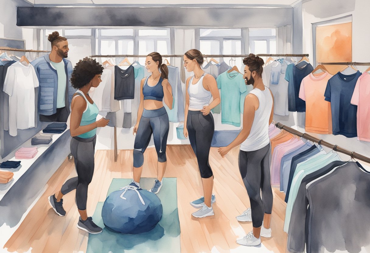 A group of people wearing athletic clothing engage in conversation and share a sense of camaraderie while surrounded by Lululemon branding and merchandise