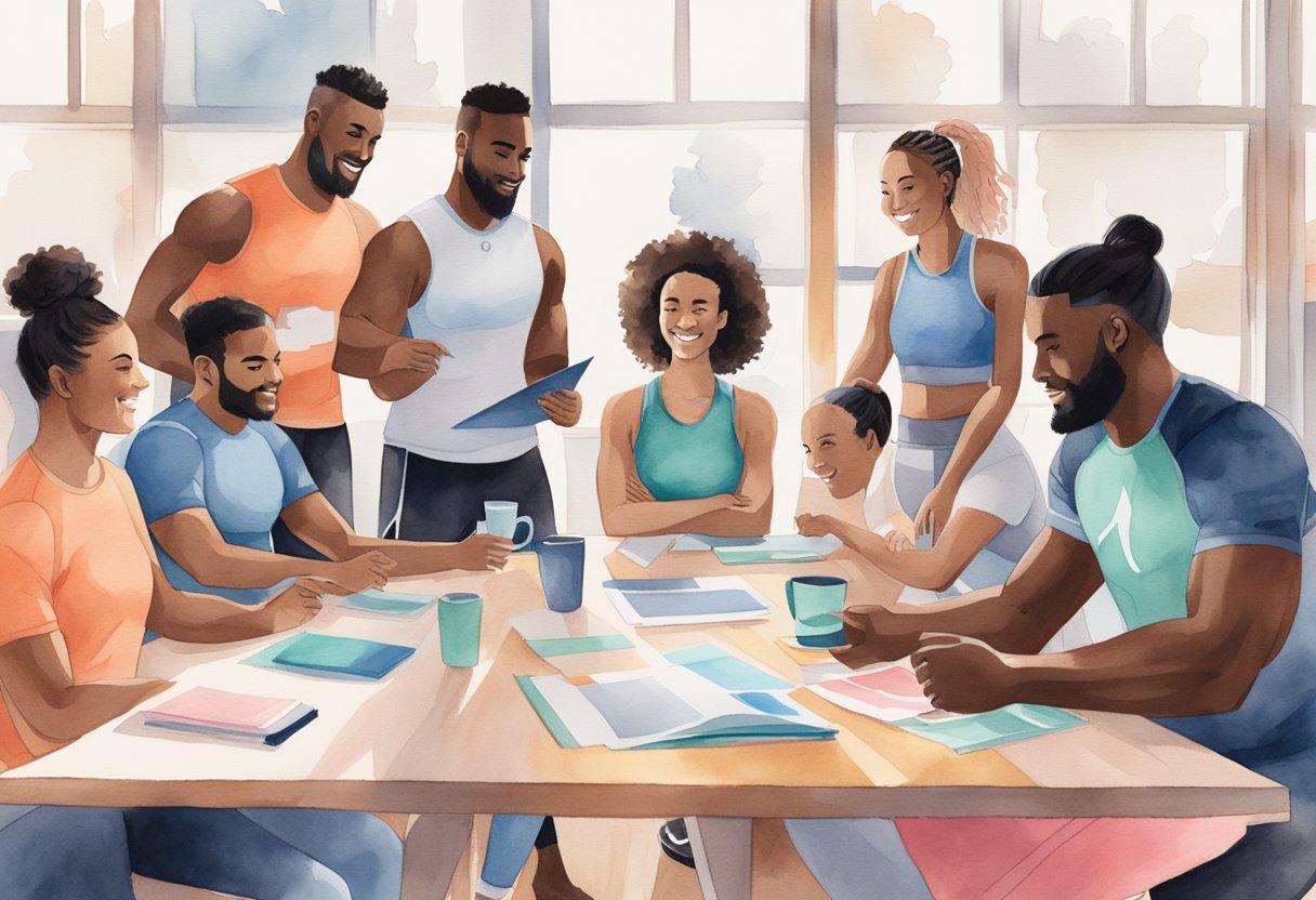 A vibrant, diverse group of athletes wearing lululemon gear, gathered around a table with marketing materials and support for the lululemon affiliate program