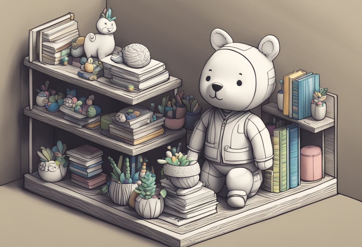 A small, round clay figurine labeled "Clayton" sits on a shelf, surrounded by colorful toys and books