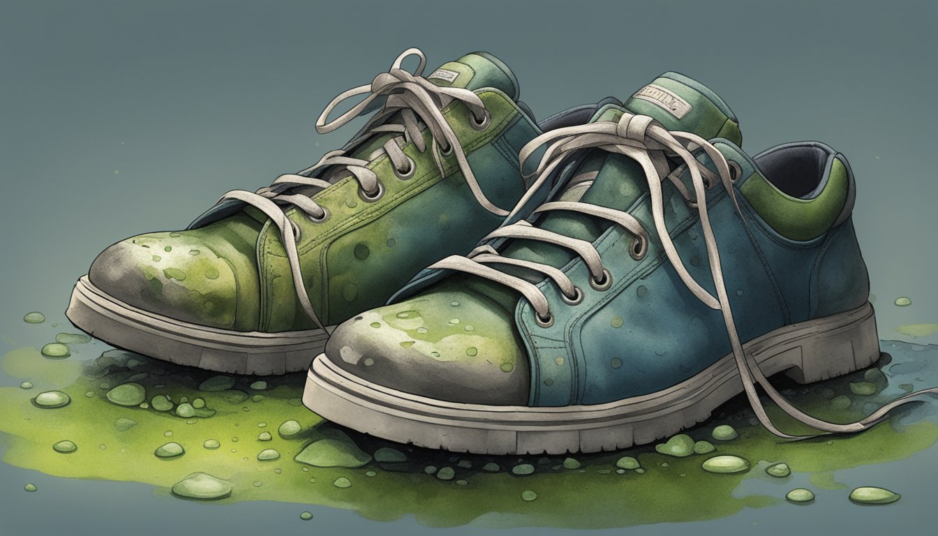 A moldy, damp environment with a pair of worn, sweaty shoes