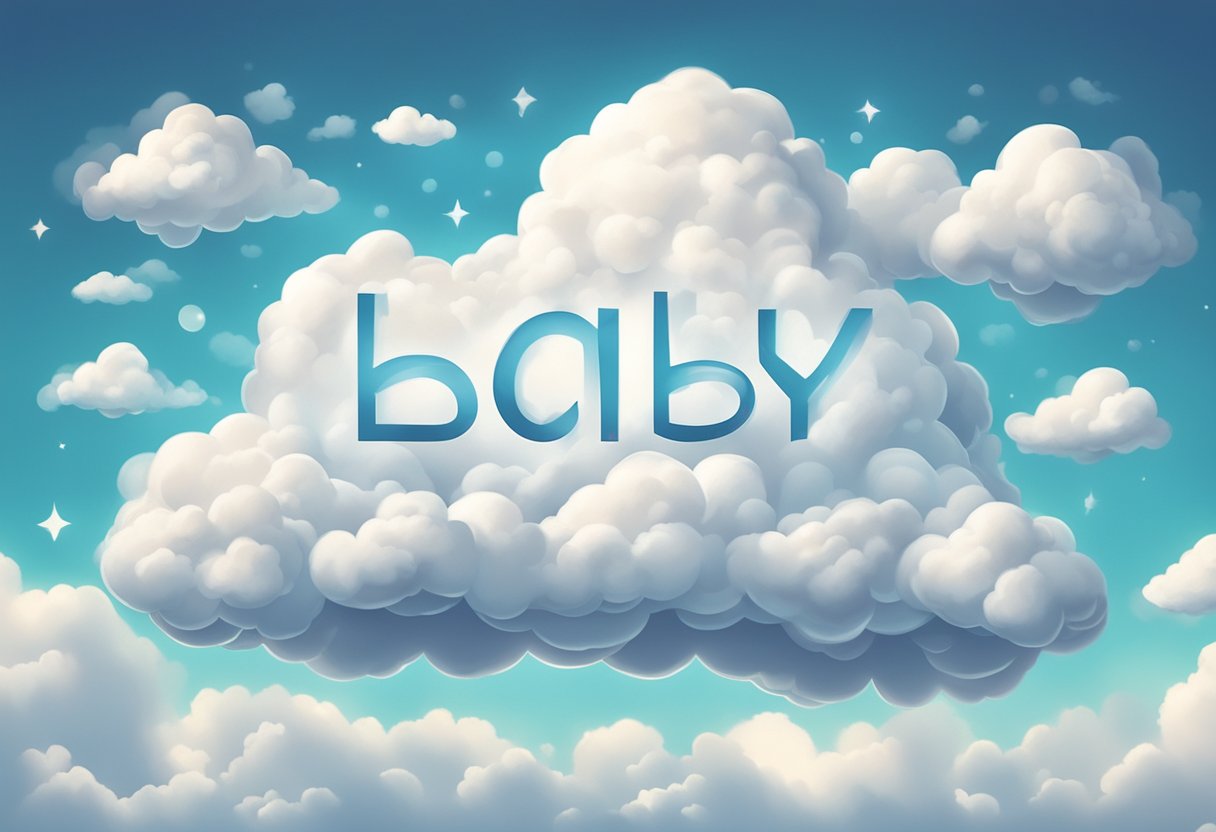 A fluffy white cloud with the words "baby name" floating in the sky